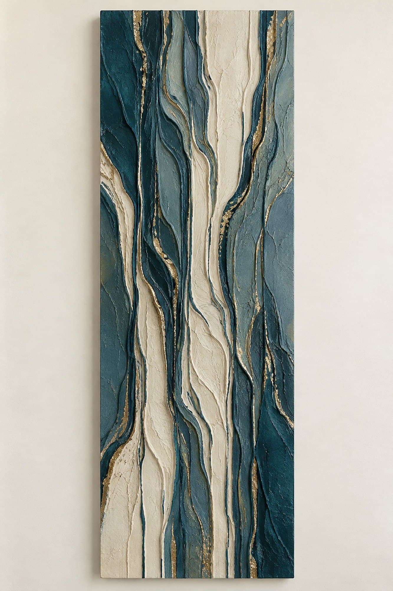 Concept render: The Vertical Monsoon from the front, tall deep-teal monsoon-inspired relief wall art
