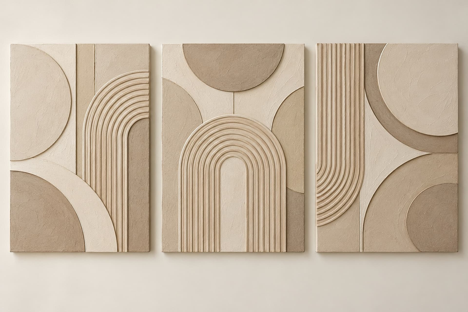 Concept render: Three Arches in Balance from the front, three-panel neutral arch relief set