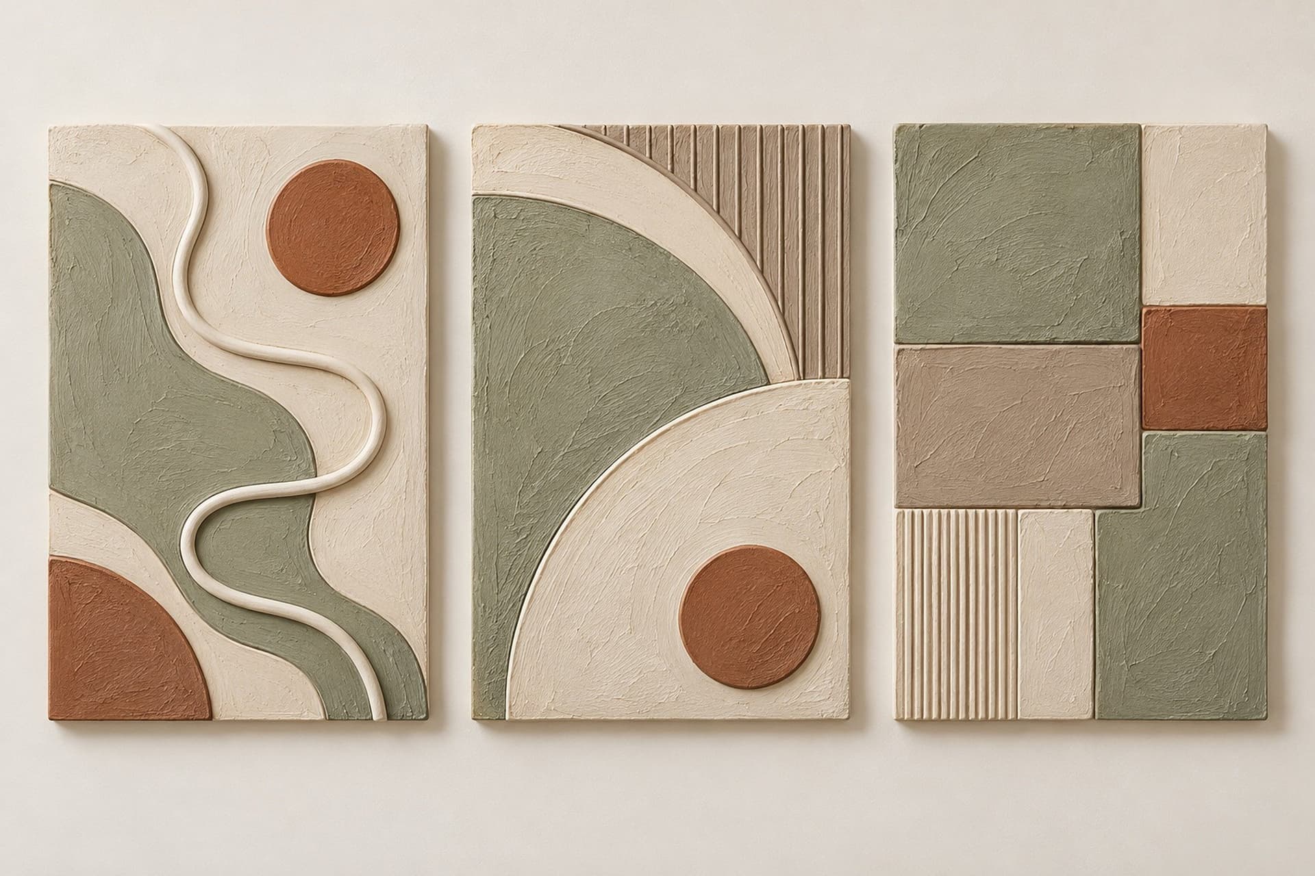 Concept render: Three Quiet Forms from the front, three-panel minimalist textured wall art set