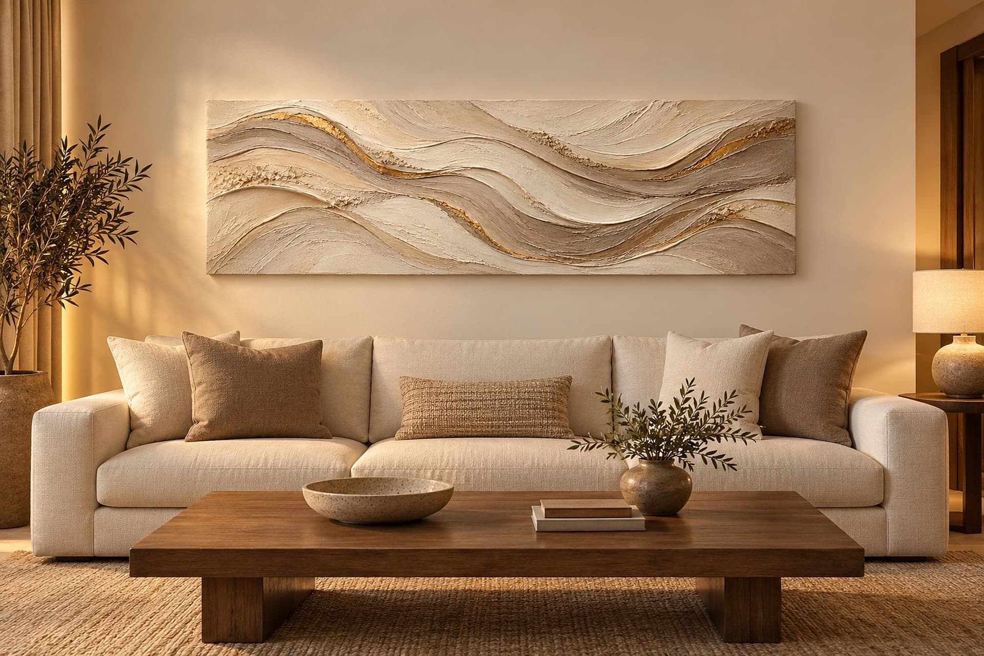 Room visualisation: concept render of Tidal Passage in a living room above a long low sofa