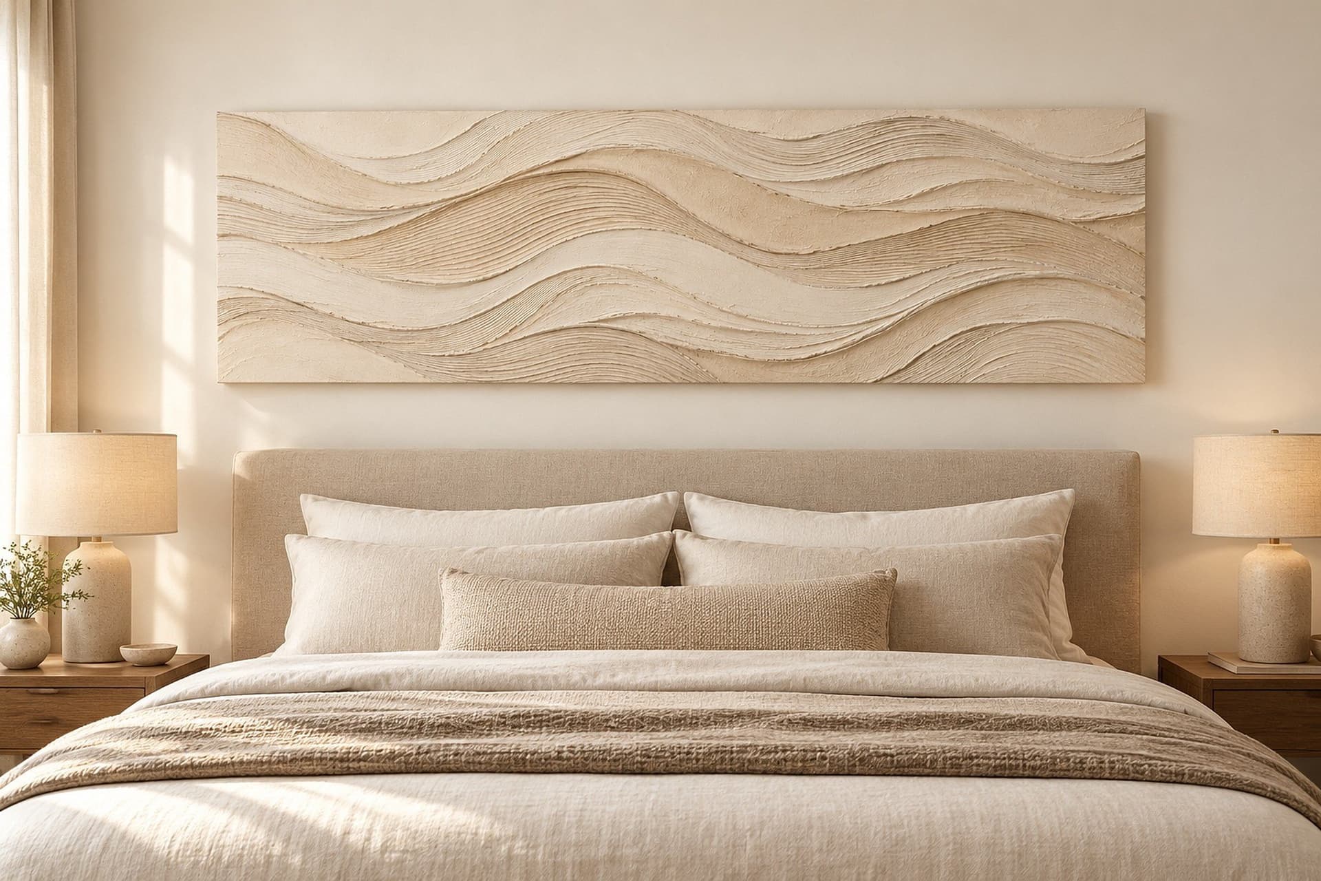 Room visualisation: concept render of Tide of Ivory in a bedroom above a wide bed