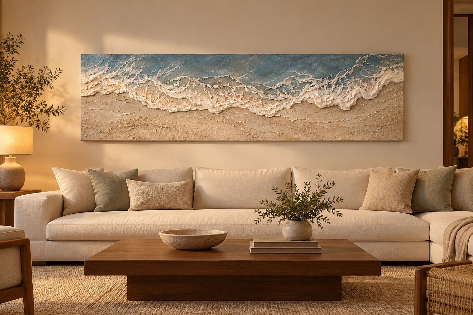 Room visualisation: concept render of Where Water Meets Sand in a living room above a long sofa